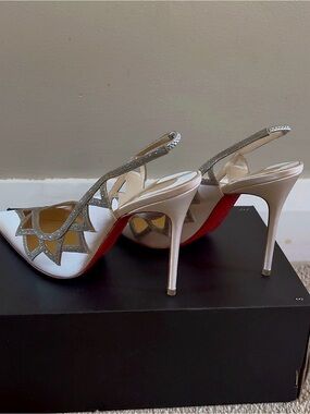 Christian Louboutin White and Silver Slingback Stiletto Heels with Red Soles